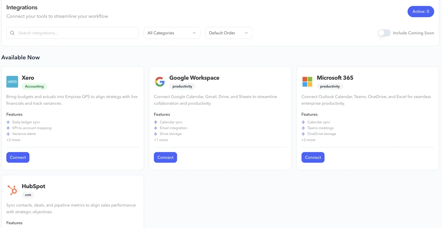 Integrations in Empiraa GPS: Xero, Google Workspace, Microsoft 365 and HubSpot